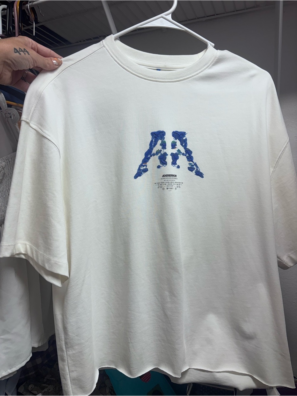 AderError White Short-Sleeve Graphic Crew Tee with Blue Motif